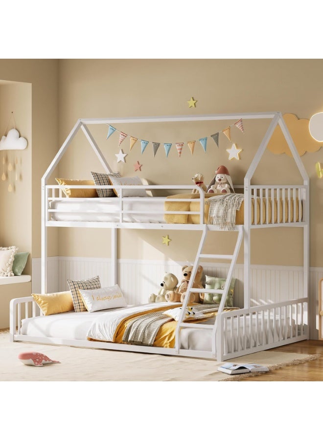 Royal Polar Metal Loft Bunk Bed with House Frame Design White Children Bedroom Furniture with Safety Guardrails and Ladder - Image 1
